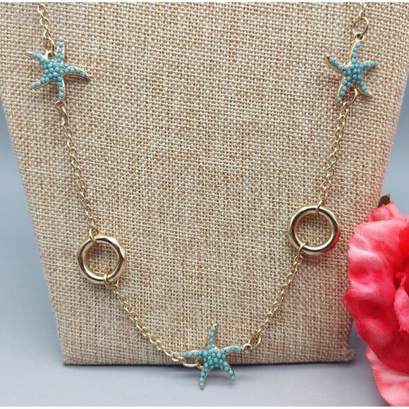 MINT Condition Charming Charlie Beachy Chain Gold Tone Blue Sea Star Stations - Picture 5 of 10